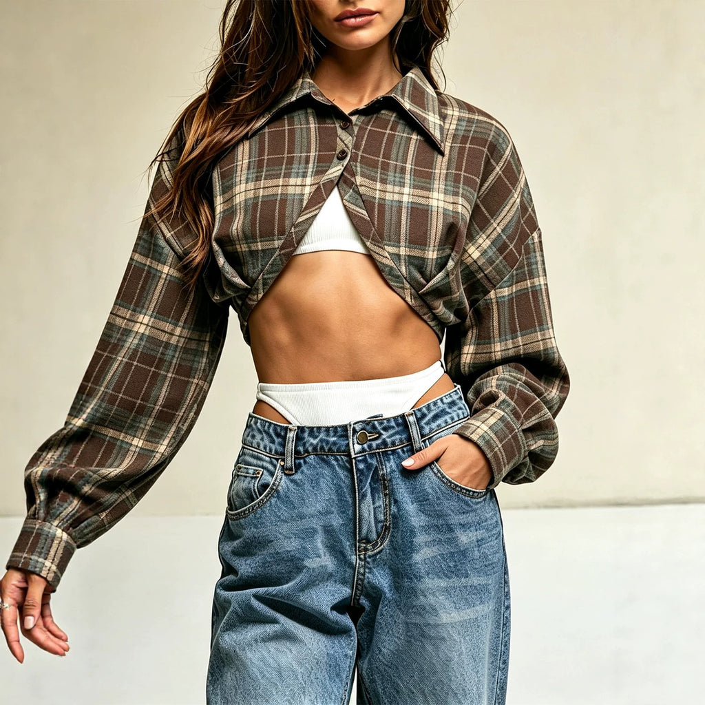 Asymmetric hem checkered short top
