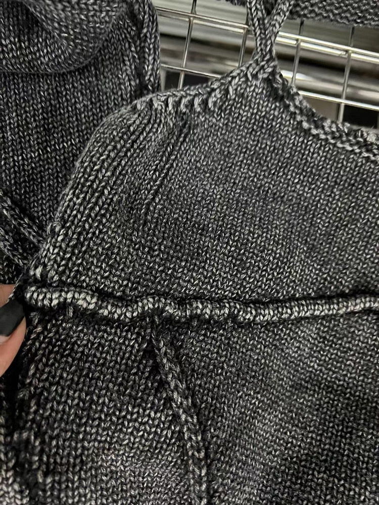 Streetwear Denim Two Piece Set Womens Square Collar Sleeveless Tanks O Neck Long Sleeve Tops Knitting Female Sets