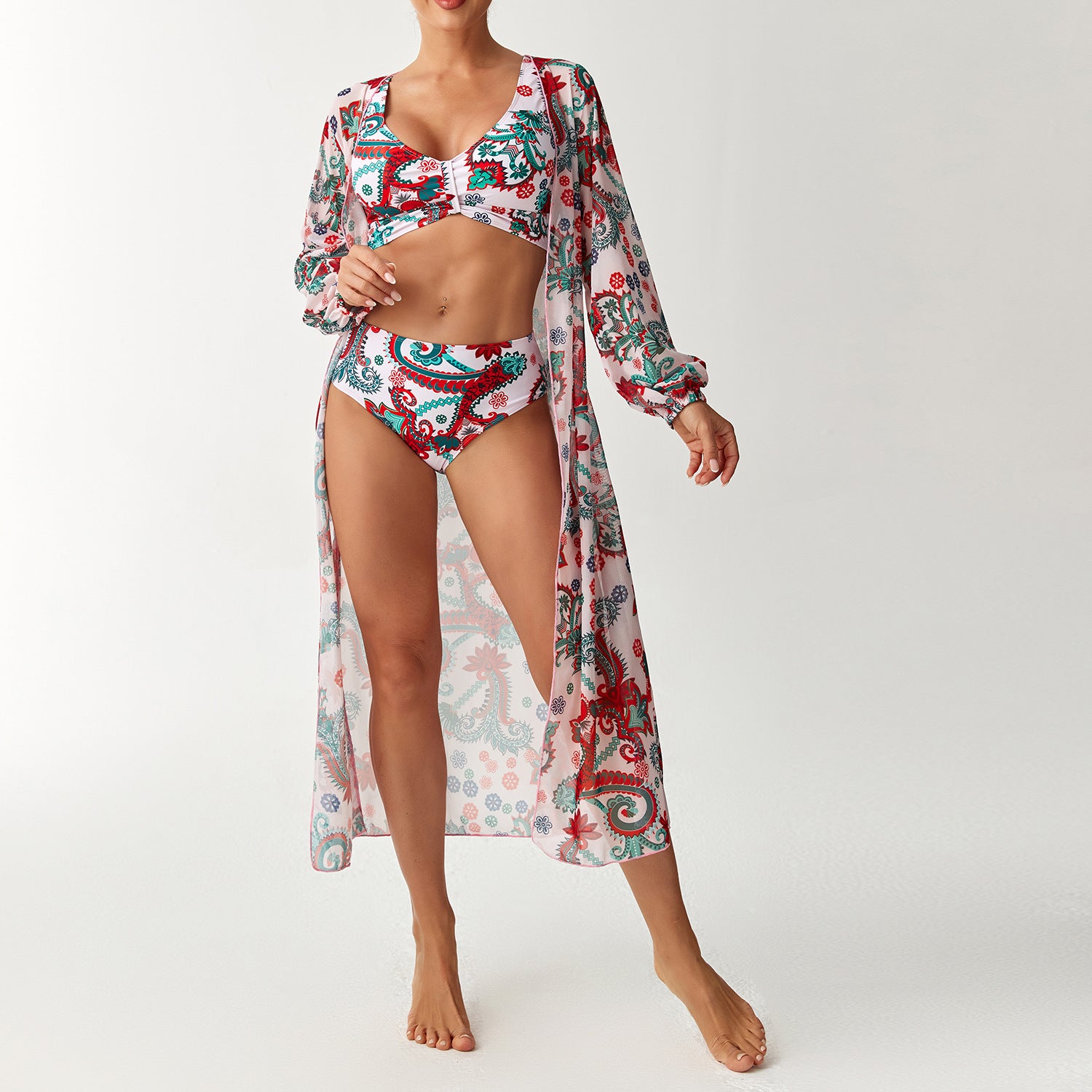 Swimwear Women's Split Three Piece Set High Waist Long Sleeve Hoodie Swimsuit