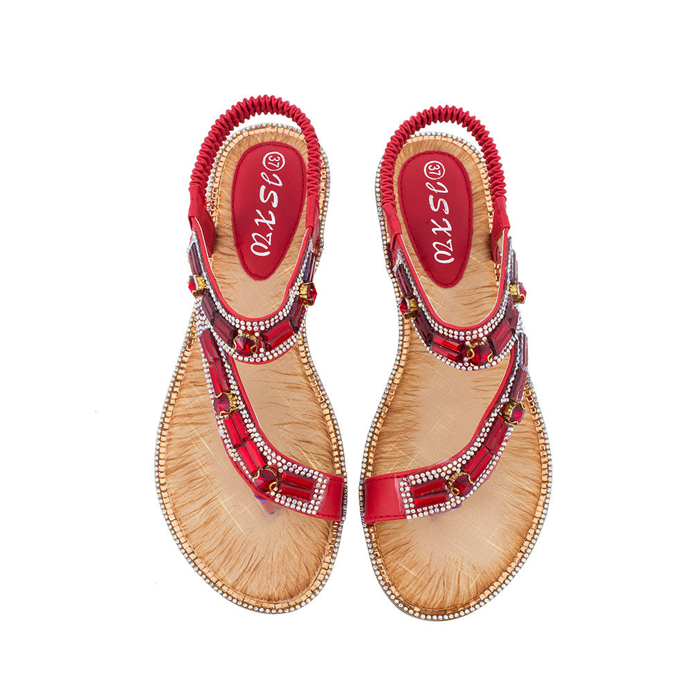 Ladies Shoes Boho Women's Sandals Blue Plaid Flats