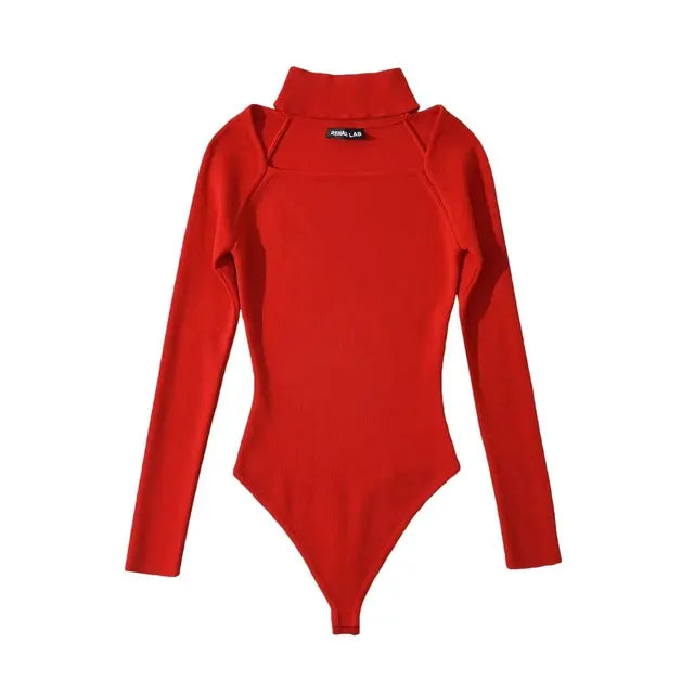 Women Hollow Out Square Collar Bodysuits Long Sleeve Stretchable Slim Jumpsuits