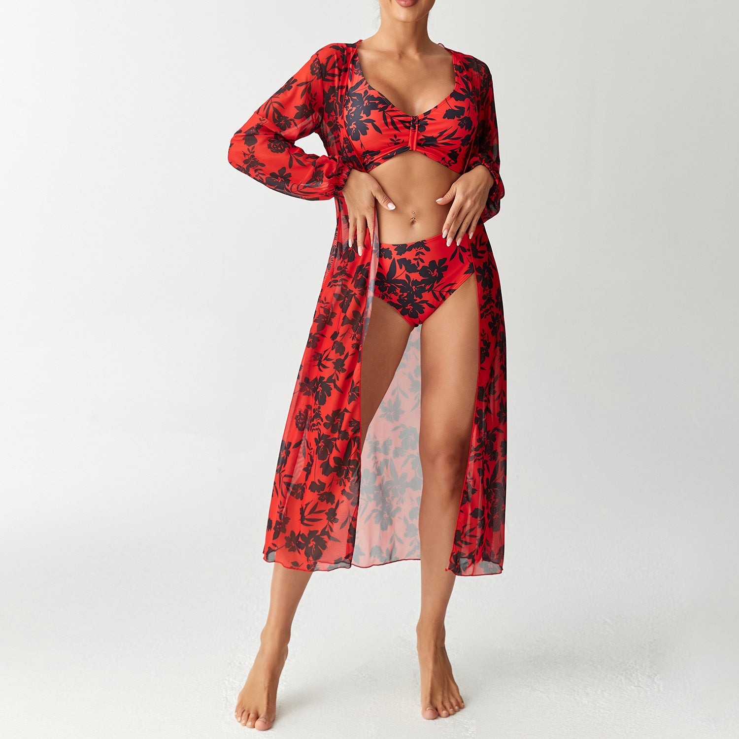 Swimwear Women's Split Three Piece Set High Waist Long Sleeve Hoodie Swimsuit