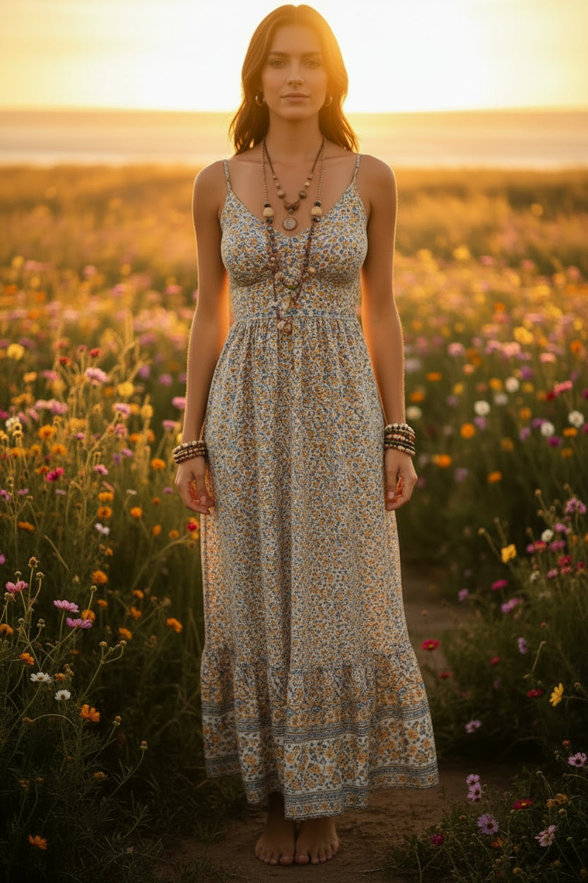 Summer Maxi Boho Dress Women Elegant Floral Dress Ladies Flower V-neck Sleeveless Strap Holiday Bohemian Dress