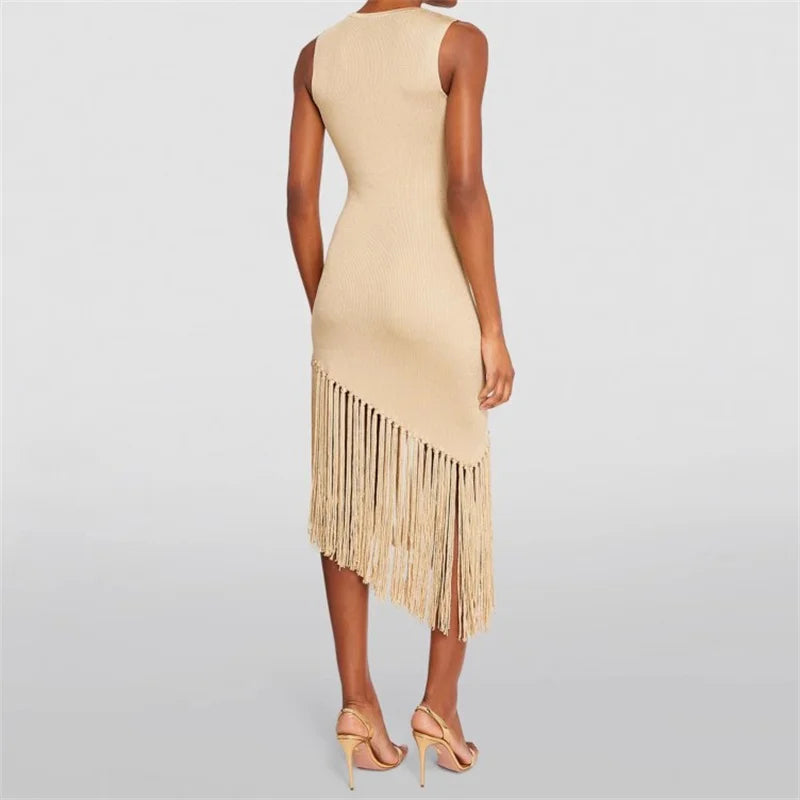 Women's dress Autumn New in fashion Tassel Decorative Bag Hip Skirt Elastic knit slim sleeveless long dresses party dresses