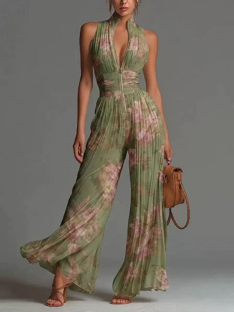 Women’s Pleated Wide Leg Jumpsuit With Strap Neckline