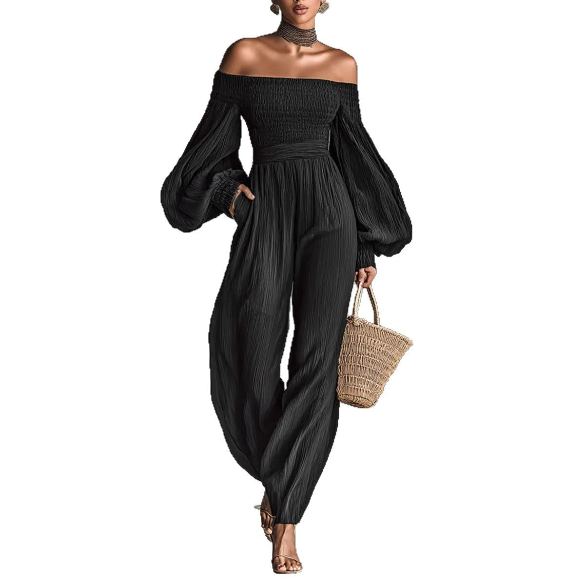 Style Off-Shoulder Lantern Sleeve Pleated Loose Jumpsuit for Women