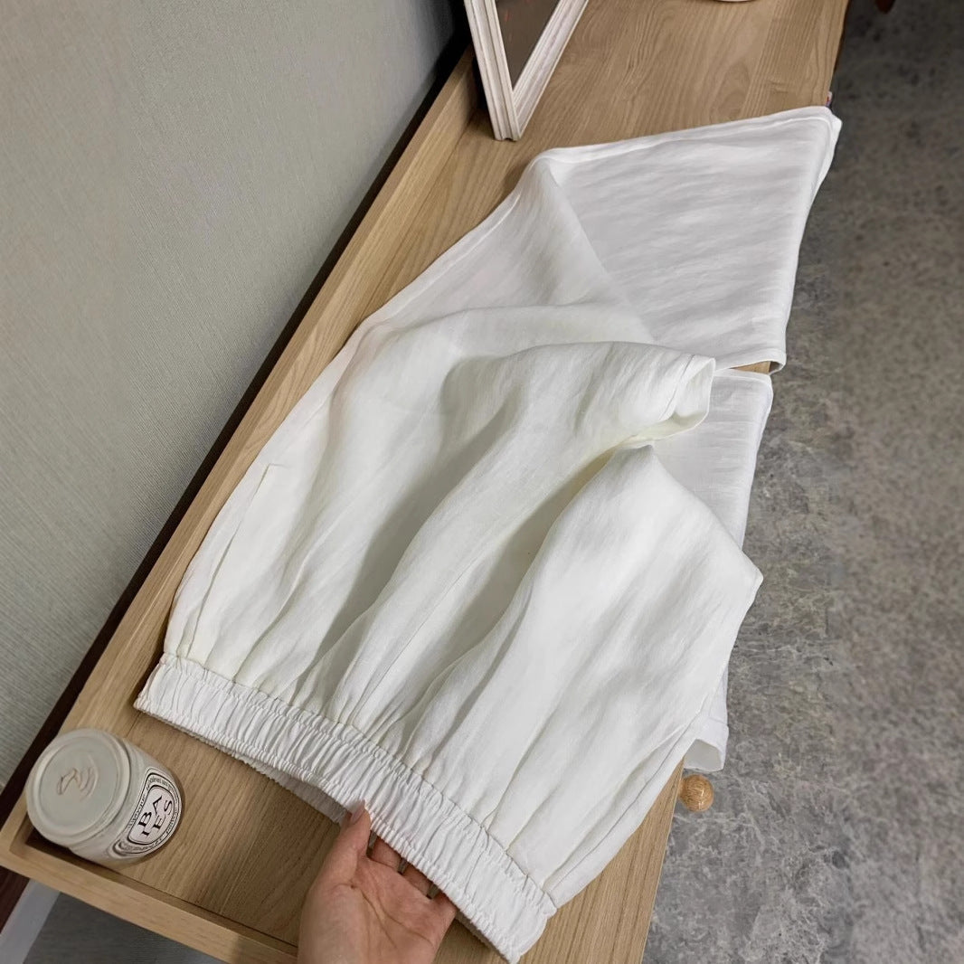 White Linen-Blend Wide-Leg Pants for Women, Summer Lightweight Loose Boho Drapey  Casual Straight Trousers