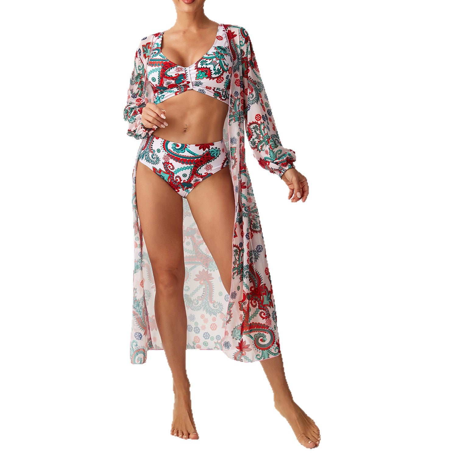 Swimwear Women's Split Three Piece Set High Waist Long Sleeve Hoodie Swimsuit