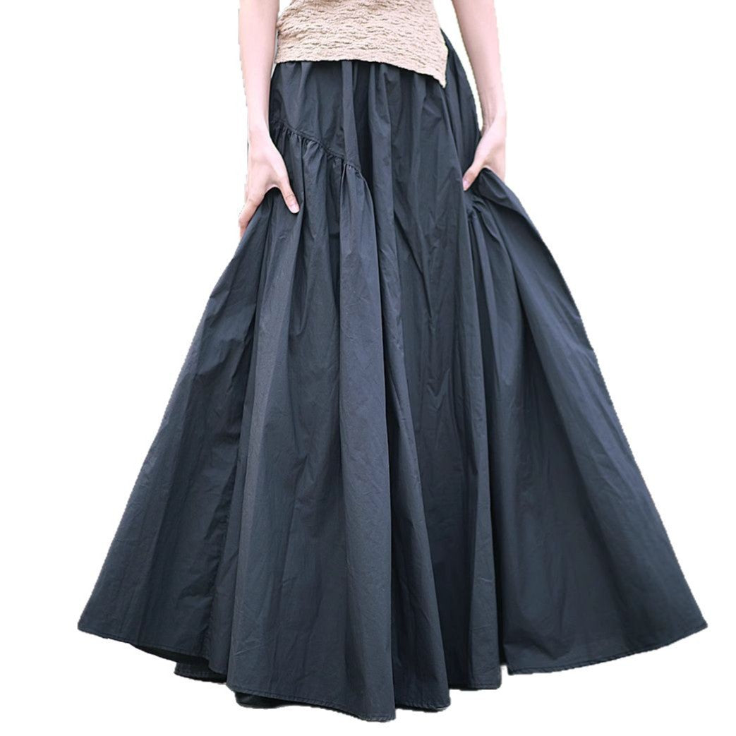 Vintage High-Density Cotton Maxi Skirt, Solid Color, Oversized A-Line, Elastic Waist, Washed Cotton, Boho Style, Long Skirt