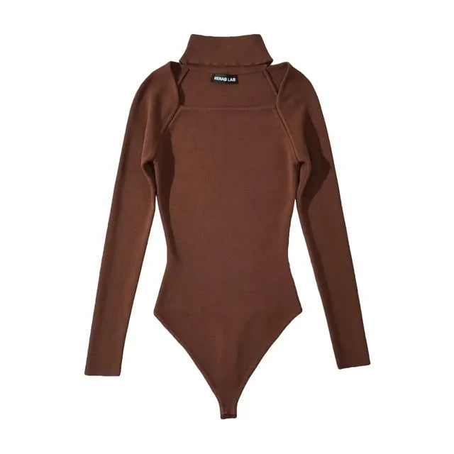 Women Hollow Out Square Collar Bodysuits Long Sleeve Stretchable Slim Jumpsuits