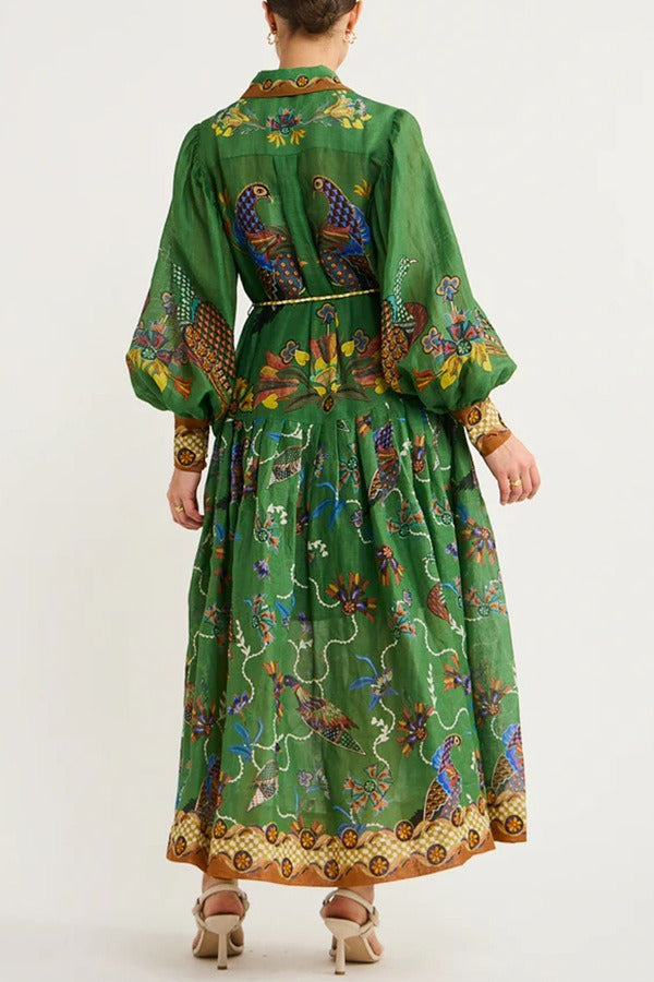 Printed Lapel Single-breasted Dress Women Casual Long Sleeve Slim Midi Dresses