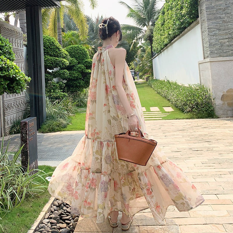 A Line Dress For Women Stand Collar Sleeveless Loose Waist Spliced Ruched Summer Print Long Dresses