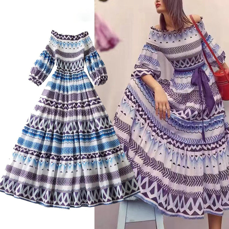 Slash Neck Midi Dresses For Women Vintage Casual Geometric Striped Print Party Night Dresses Summer Clothes