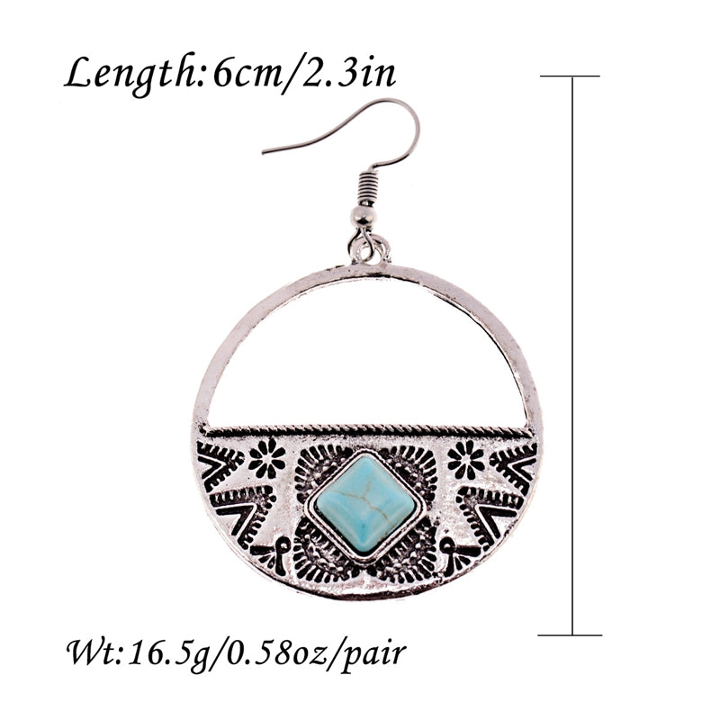 Women's Gothic Bohemia Boho Gypsy Faux Turquoises Round Carved Earrings Jewelry