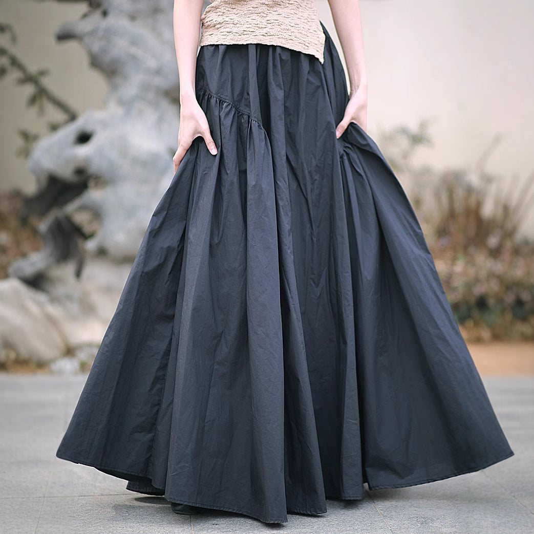 Vintage High-Density Cotton Maxi Skirt, Solid Color, Oversized A-Line, Elastic Waist, Washed Cotton, Boho Style, Long Skirt