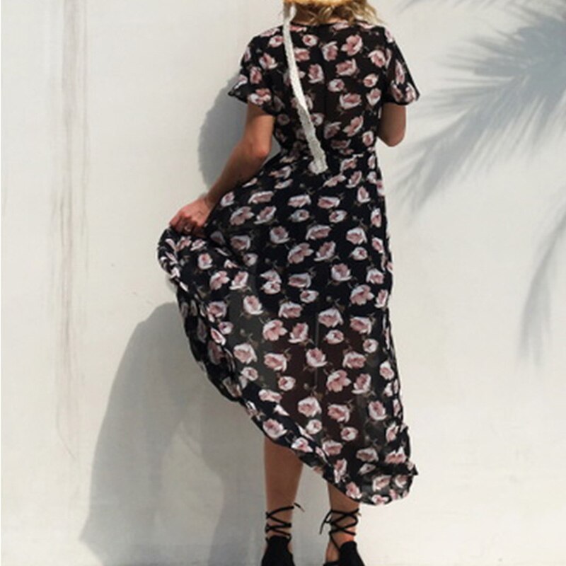 Summer Short Sleeve boho Dress Women Sexy Beach Sundress Floral Print Split Dress Party Holiday V neck Long Dresses