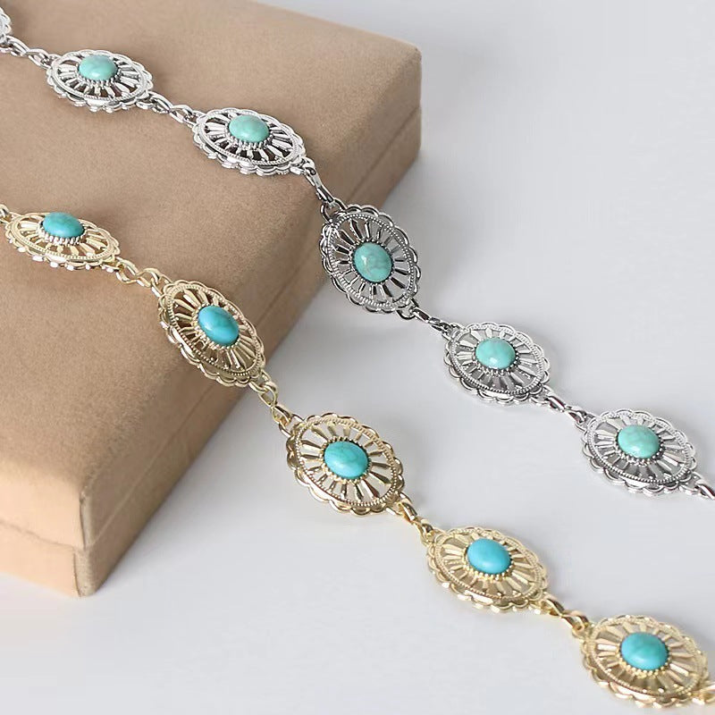 European and American Bohemian Style Retro Metal Chain Womens Dress Fashion Versatile Turquoise Decorative Belt Ear