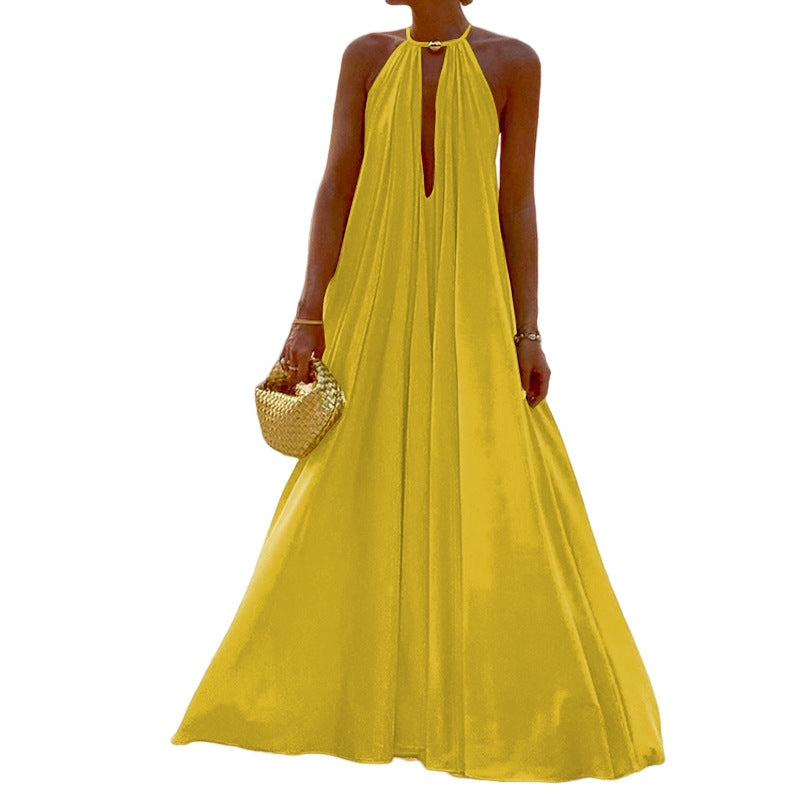 Elegant Ladies Sexy V-Neck Backless Maxi Party Dress Women New Holiday Boho Draped Boho Dress Retro Sleeveless Pleat Long Dress