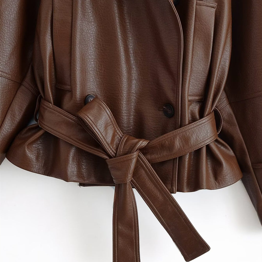 Retro style street tie leather short windbreaker