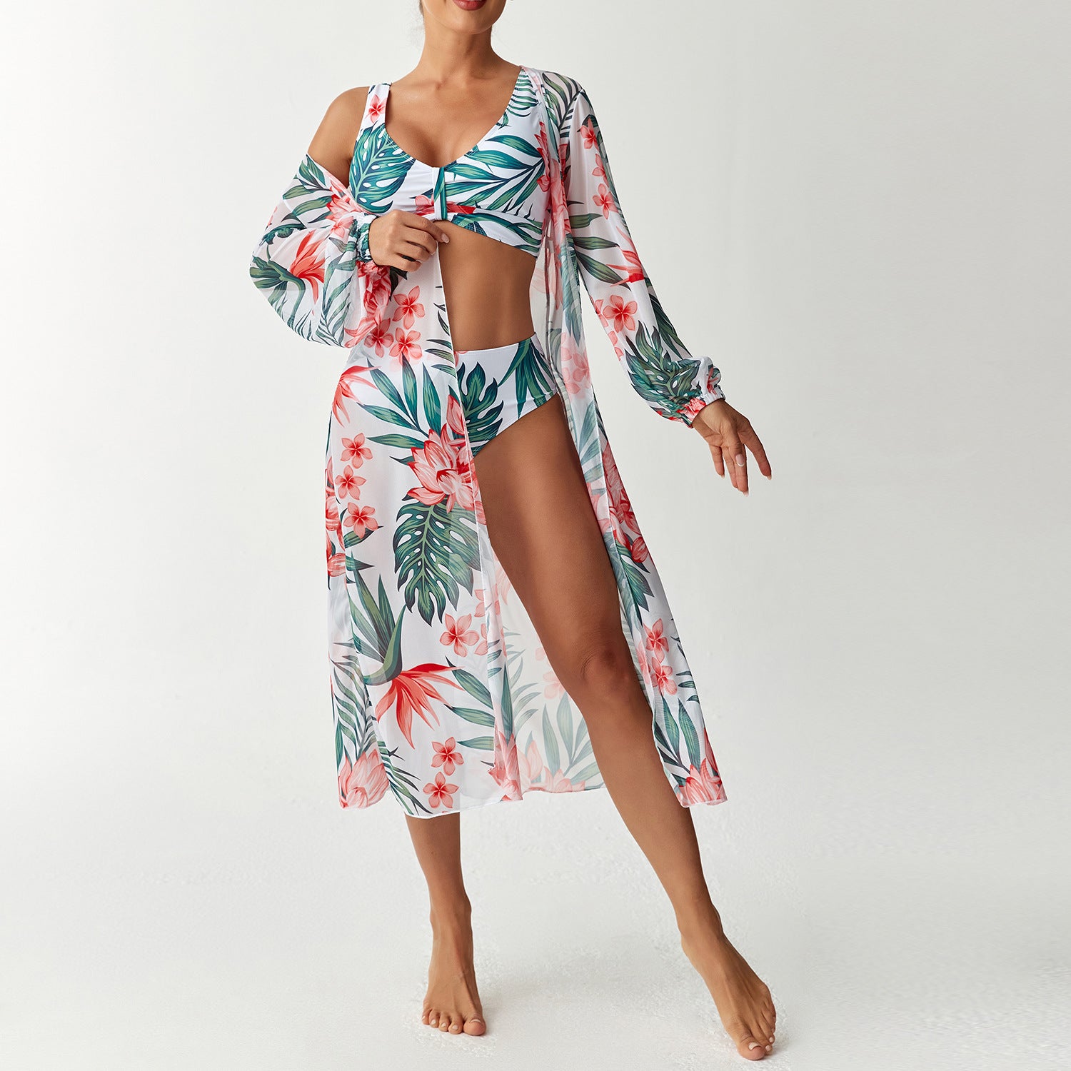Swimwear Women's Split Three Piece Set High Waist Long Sleeve Hoodie Swimsuit