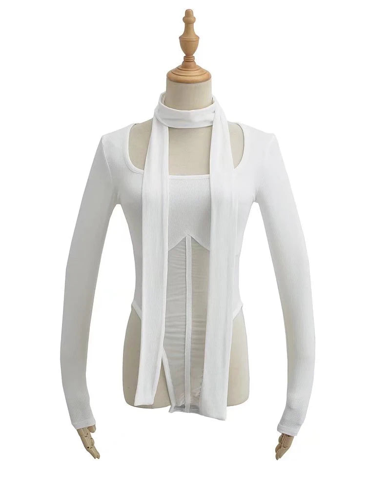 Women Sexy Mesh Square Collar White Bodysuits Spliced Perspective Elastic Slim Jumpsuits With Scarf