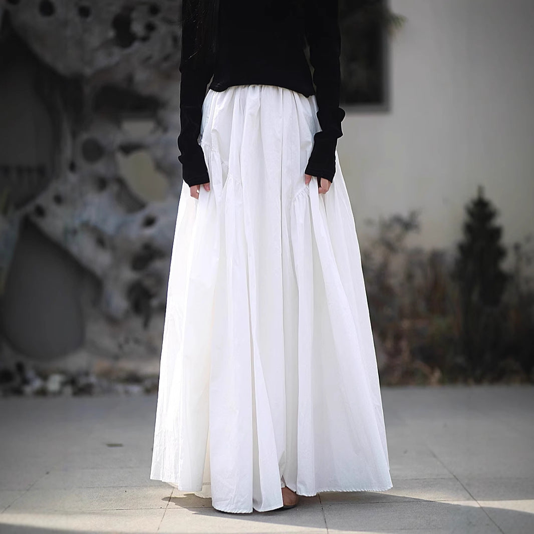 Vintage High-Density Cotton Maxi Skirt, Solid Color, Oversized A-Line, Elastic Waist, Washed Cotton, Boho Style, Long Skirt