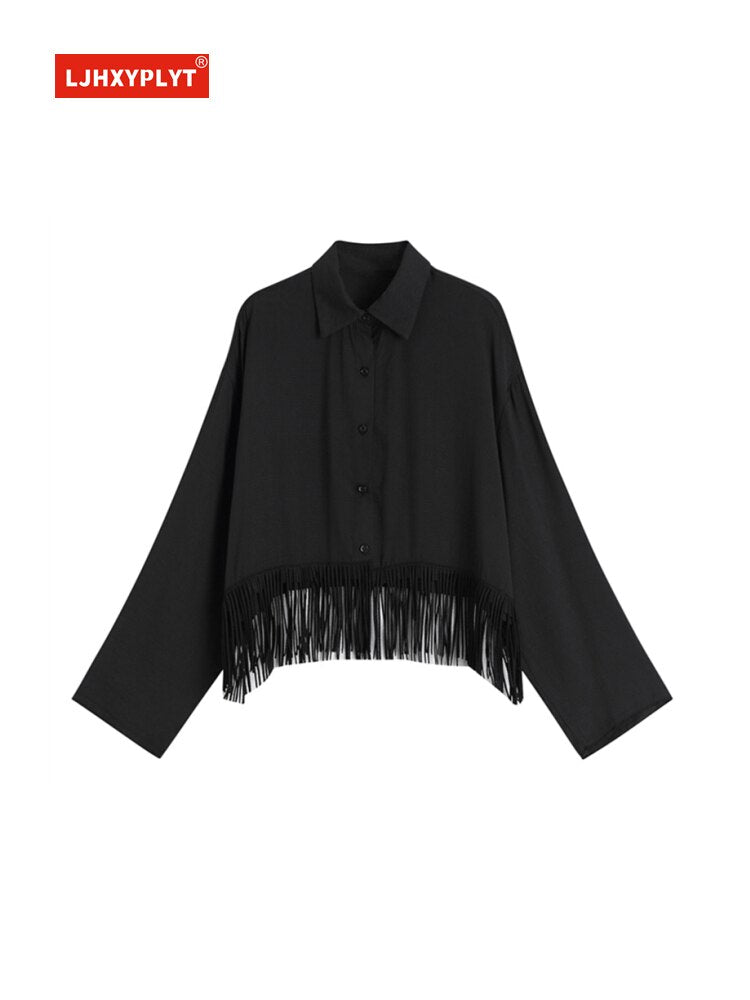 Fringed Hem Black Shirt Womens Spring And Summer Design Retro Hong Kong Style Thin Section Long-sleeve Tassel Blouse Female Top