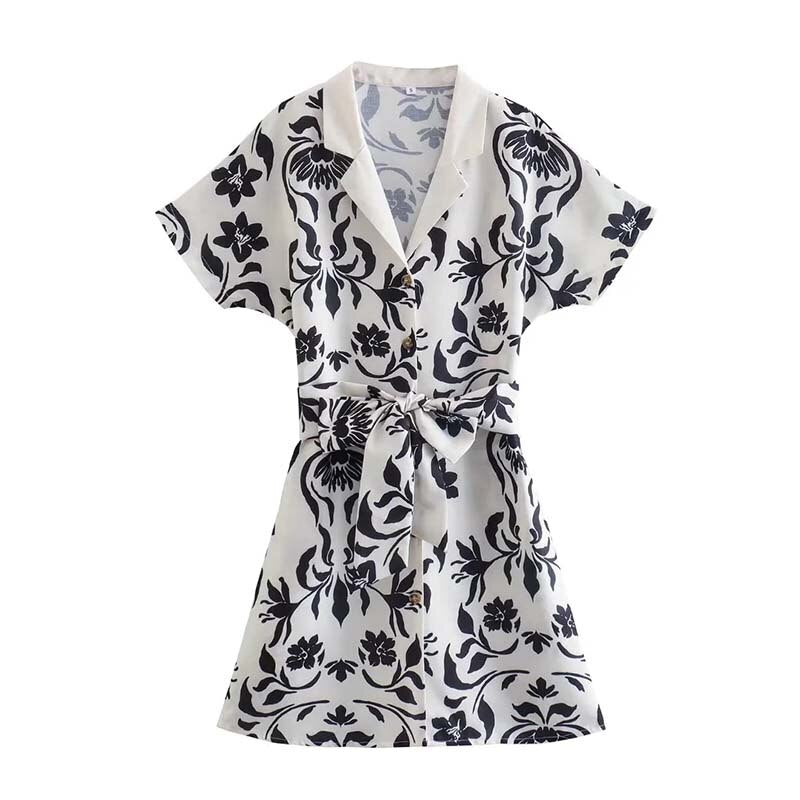 Women Printed Dresses With Bow Belt Summer Flax Elegant Party Short Sleeve Female Causal Mini Dresses