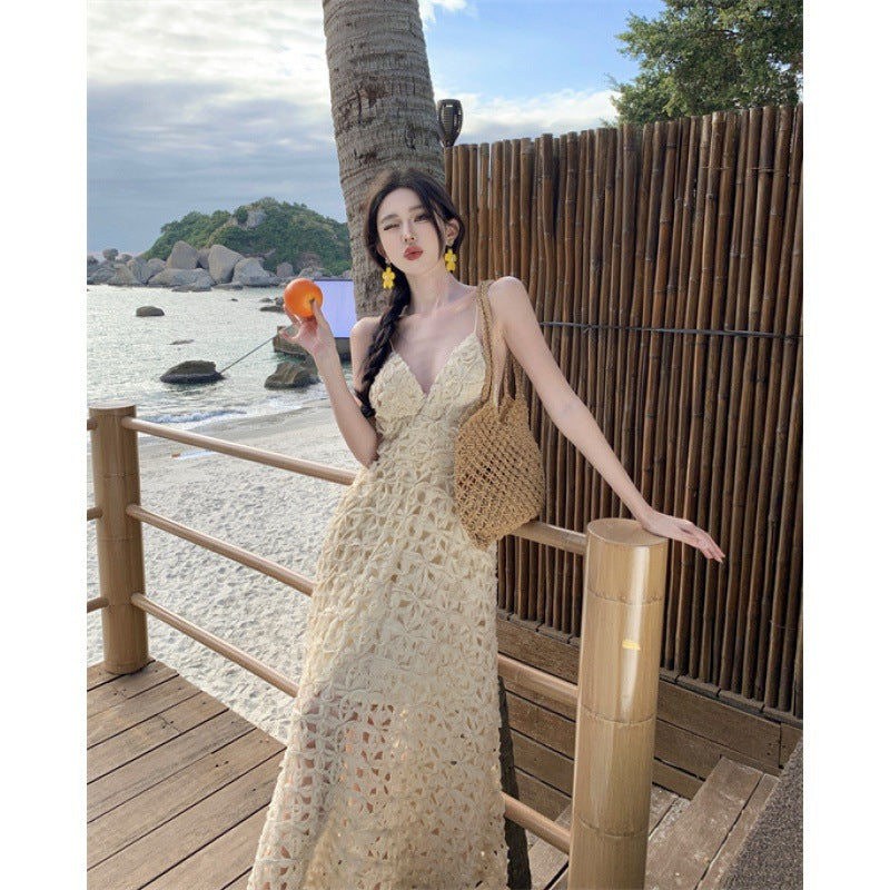Designer Fashion High Quality Flower Hollow Out A Line Summer Strap Midi Long Dresses Backless Boho Casual Dress
