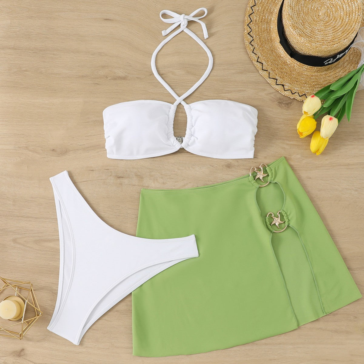 Solid color split neck skirt bikini