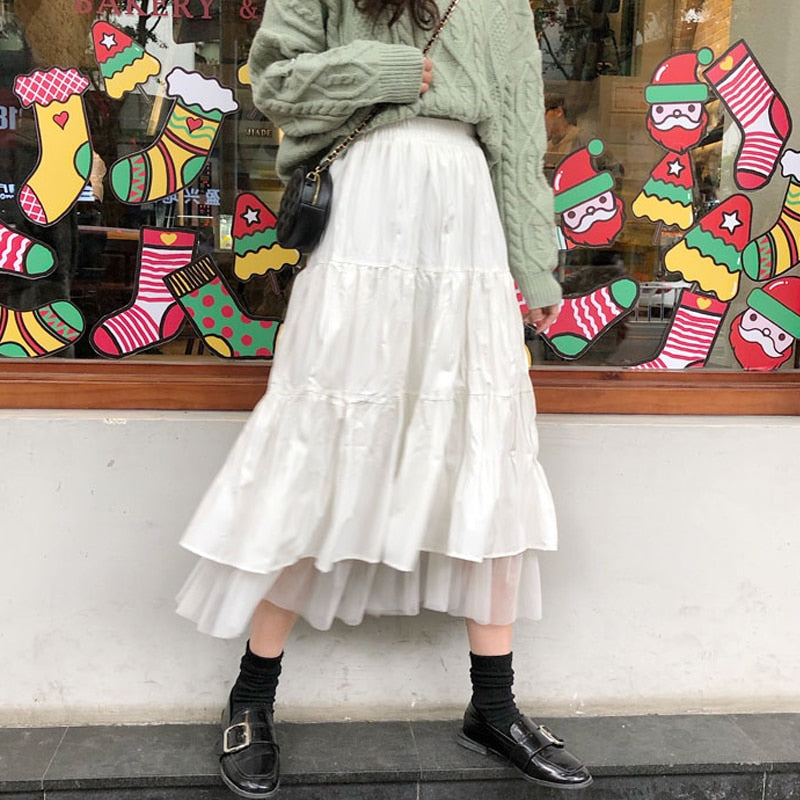 2021 Autumn And Winter Women Boho Long Skirt High Waist Ruffles White Beach Skirts Pink Jupe Femme Tulle Skirt Saia Midi Faldas