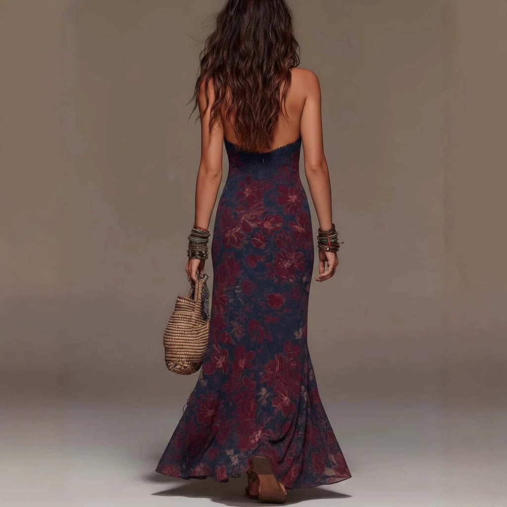 Hanging neck women's lace deep V sleeveless slim fit Bohemian dress