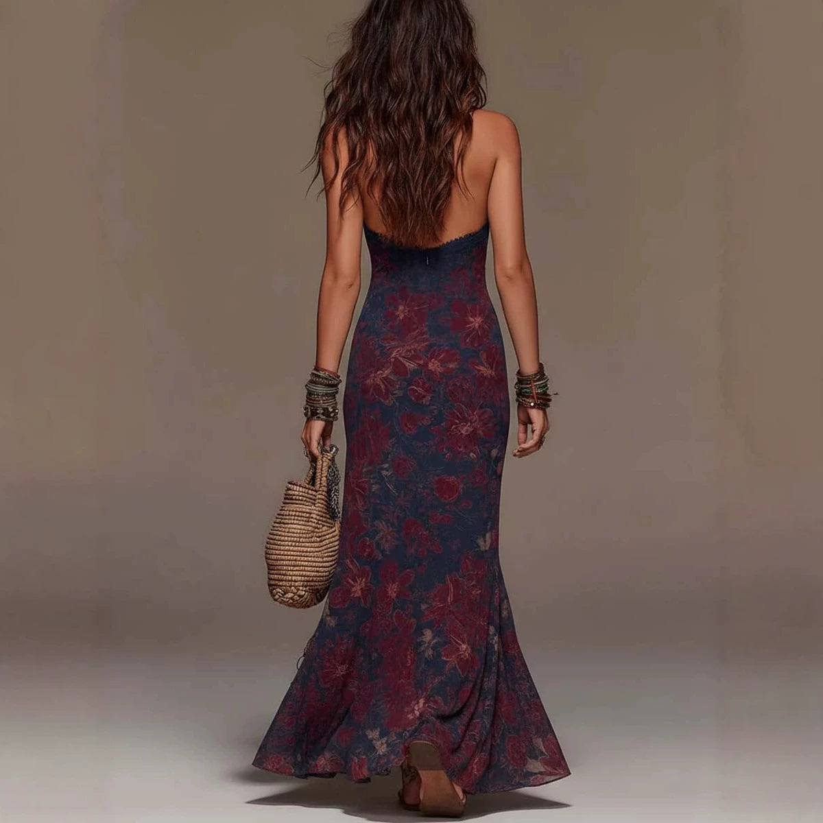 Hanging neck women's lace deep V sleeveless slim fit Bohemian dress