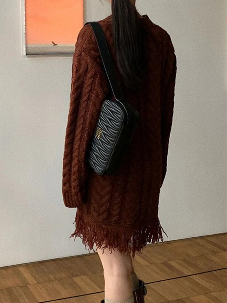 Fashion Women Knitted Dress V-neck Long Sleeve Tassel Mid Waist Weaving Stripes Mini Dresses Spring