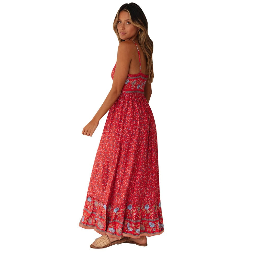 Summer Maxi Boho Dress Women Elegant Floral Dress Ladies Flower V-neck Sleeveless Strap Holiday Bohemian Dress