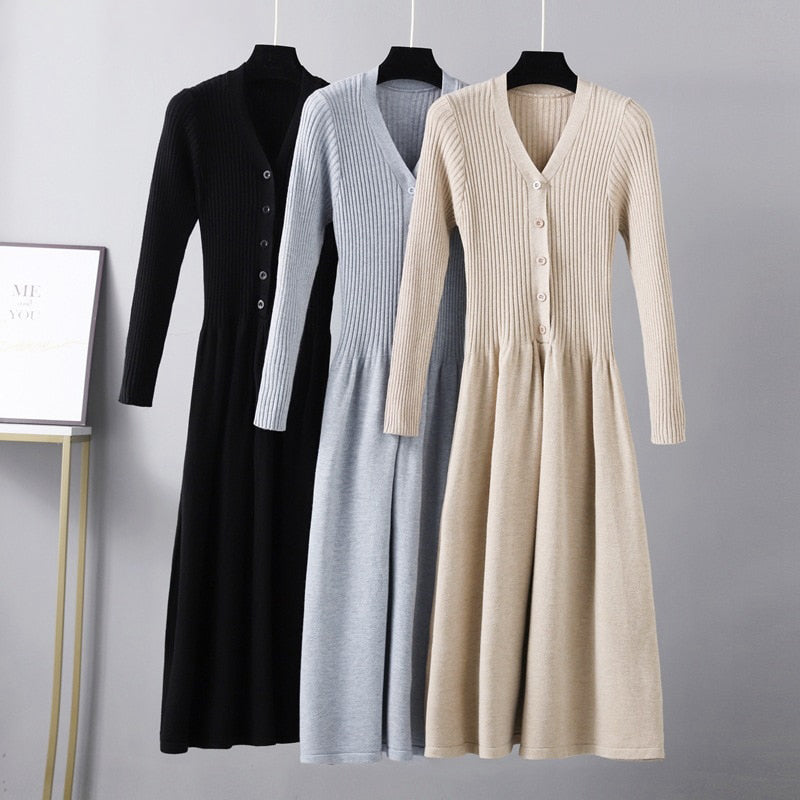Winter Long Knit V Neck Women A Line Sweater Dress Single Breasted Pleated Dresses Christmas Party Holidays Dresses