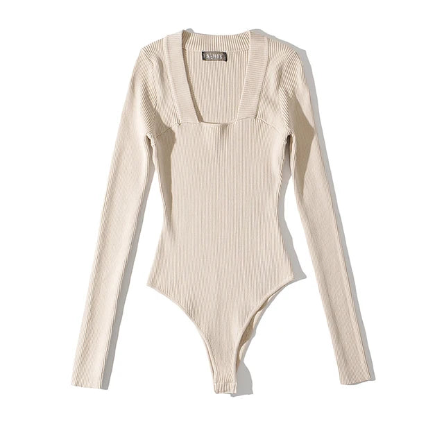 Sexy Slim Square Collar Bodysuit Women Long Sleeve Knitted Elastic Slim Black Jumpsuits