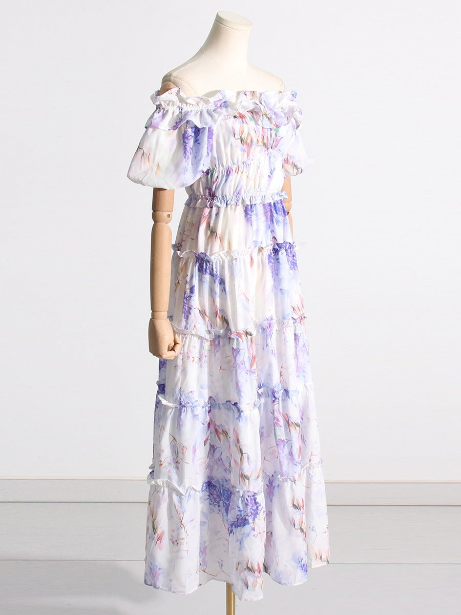 Hit Color Print Dresses For Women Slash Neck Short Sleeve High Waist Off Shoulder Dress