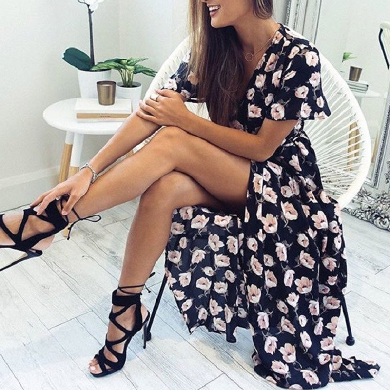 Summer Short Sleeve boho Dress Women Sexy Beach Sundress Floral Print Split Dress Party Holiday V neck Long Dresses