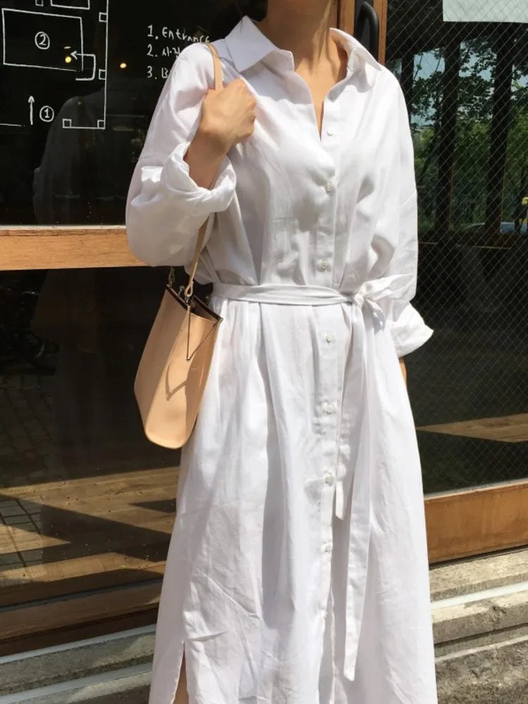 Spring Fashion White Shirt Dress Turn-down Collar Long Sleeve Single Breasted Pockets Belt Woman Dresses