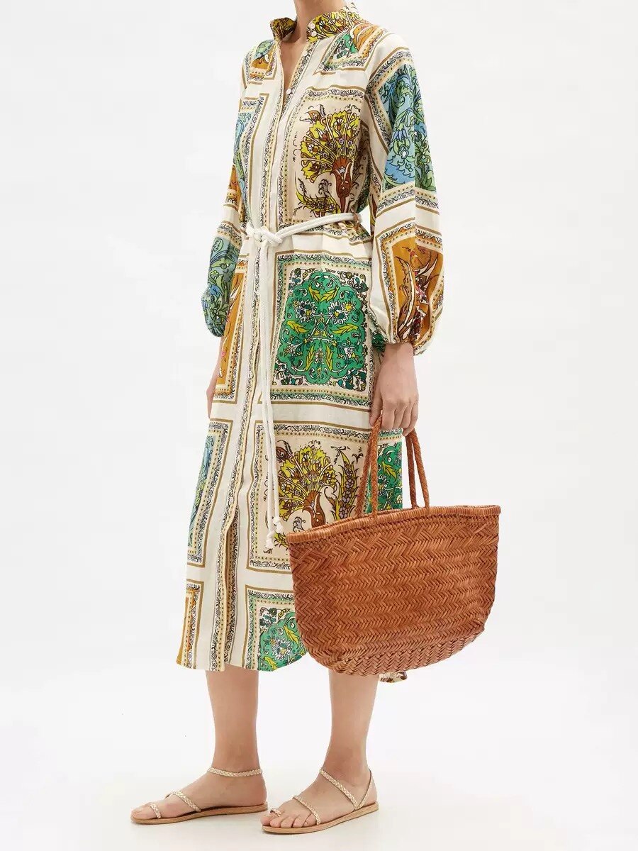 Floral Printed Blouse Dress Women Single Breasted Lantern Sleeve Casual Autumn Spring Clothes Midi Dresses Chic Dresses