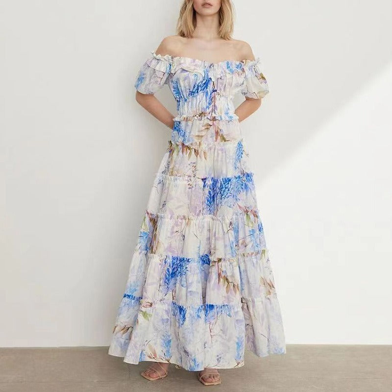 Hit Color Print Dresses For Women Slash Neck Short Sleeve High Waist Off Shoulder Dress