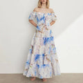 Hit Color Print Dresses For Women Slash Neck Short Sleeve High Waist Off Shoulder Dress