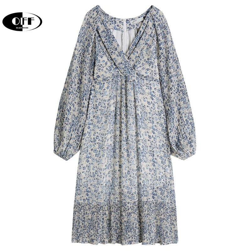 Korean Fashion Chic Midi Long Dresses For Women Lantern Long Sleeve Vintage Floral V-neck Loose Sexy Beach Boho Lady Dress Femme