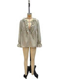 Lotus leaf edge half zipper V-neck lace flared sleeve long sleeved top
