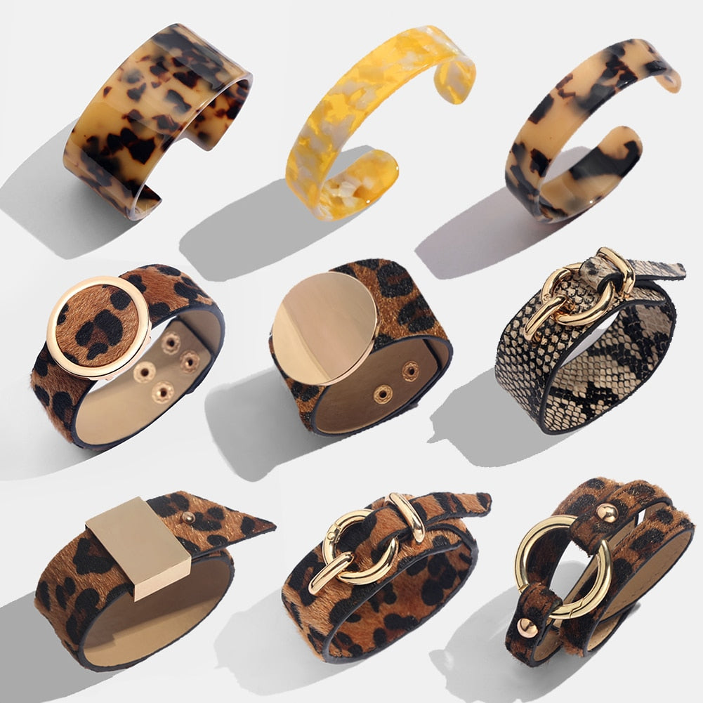 Leopard Bangle Bracelets For Women Boho Gold Color Button Vintage Leather Bracelet Punk Jewelry