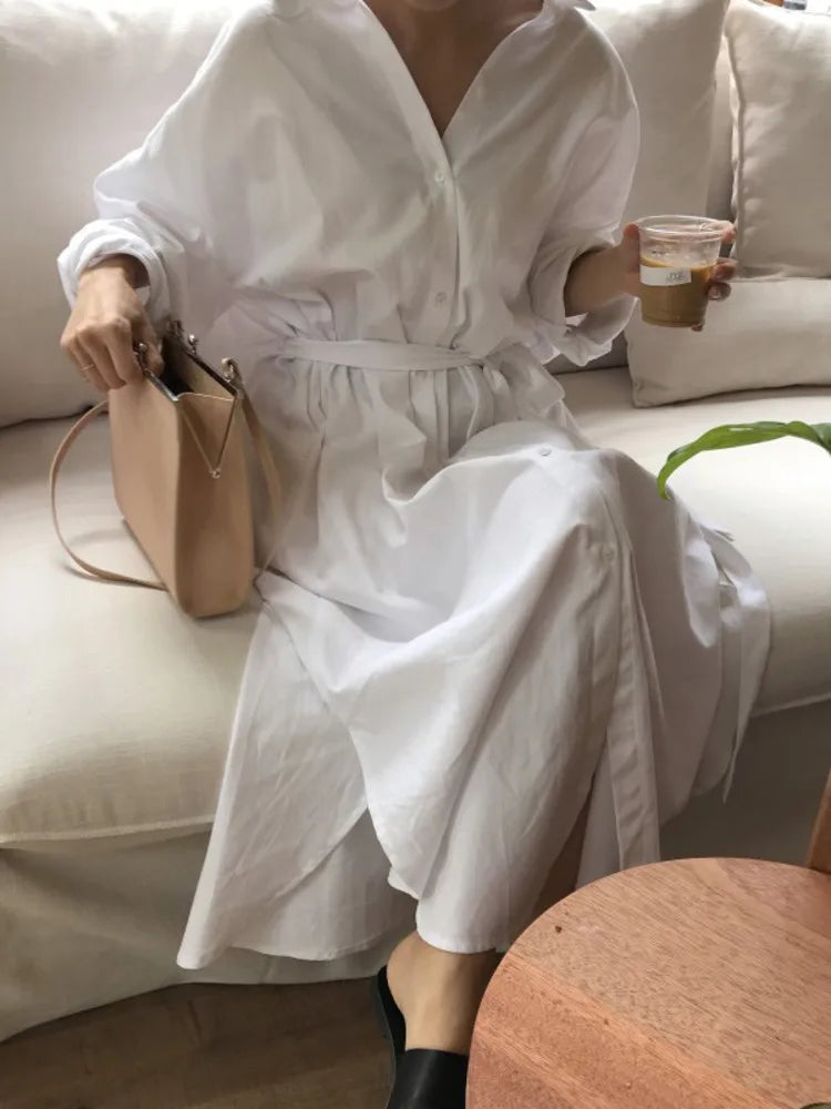 Spring Fashion White Shirt Dress Turn-down Collar Long Sleeve Single Breasted Pockets Belt Woman Dresses