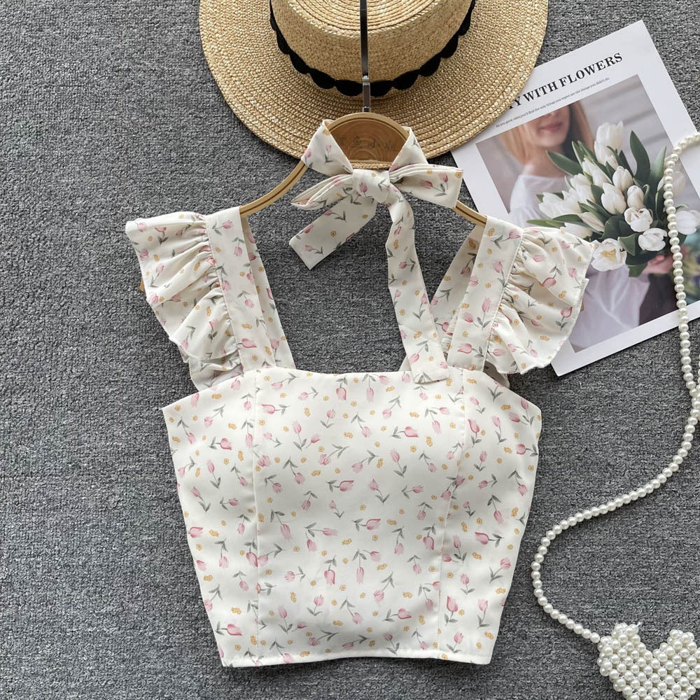 Summer Fresh Slim Fit Short Versatile Holiday Style Strap Top for Womens Unique Sexy Spicy Girls Small Shirt with Chest Pads