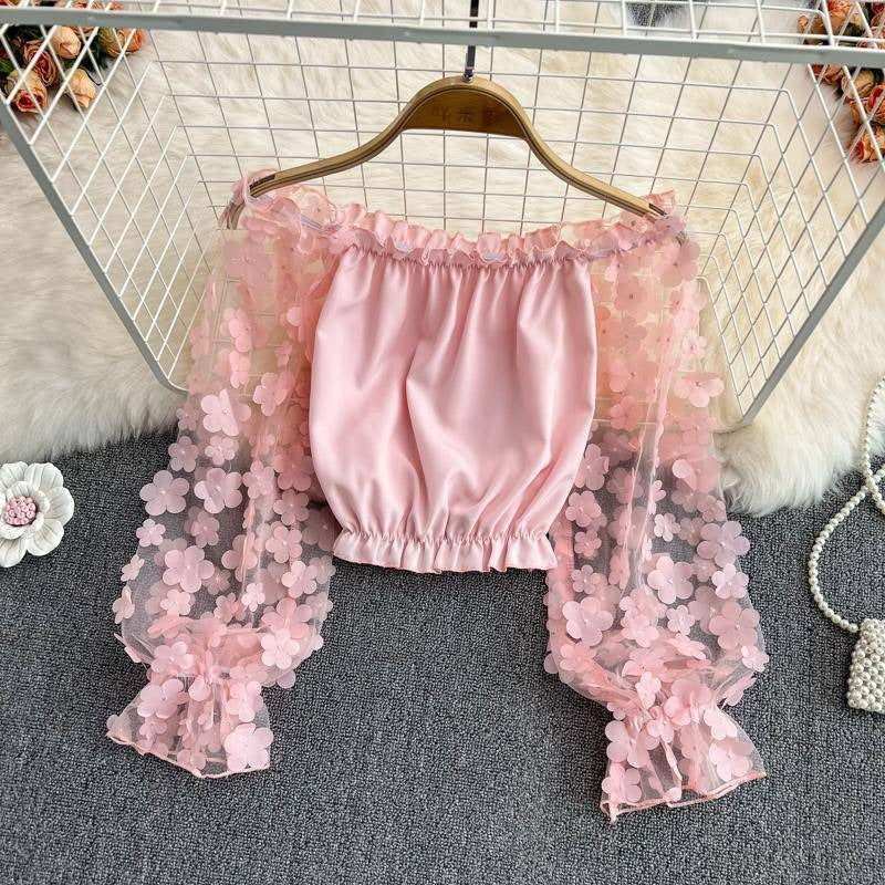 Off Shoulder Three Dimensional Flower Perspective Mesh Patchwork Chiffon Shirt for Womens Loose Waist Short Off Shoulder Top