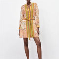 Women Dress Traf Fashion Print V-neck With Belt Party Elegant Dresses Vintage Long Sleeve Female Causal Dresses